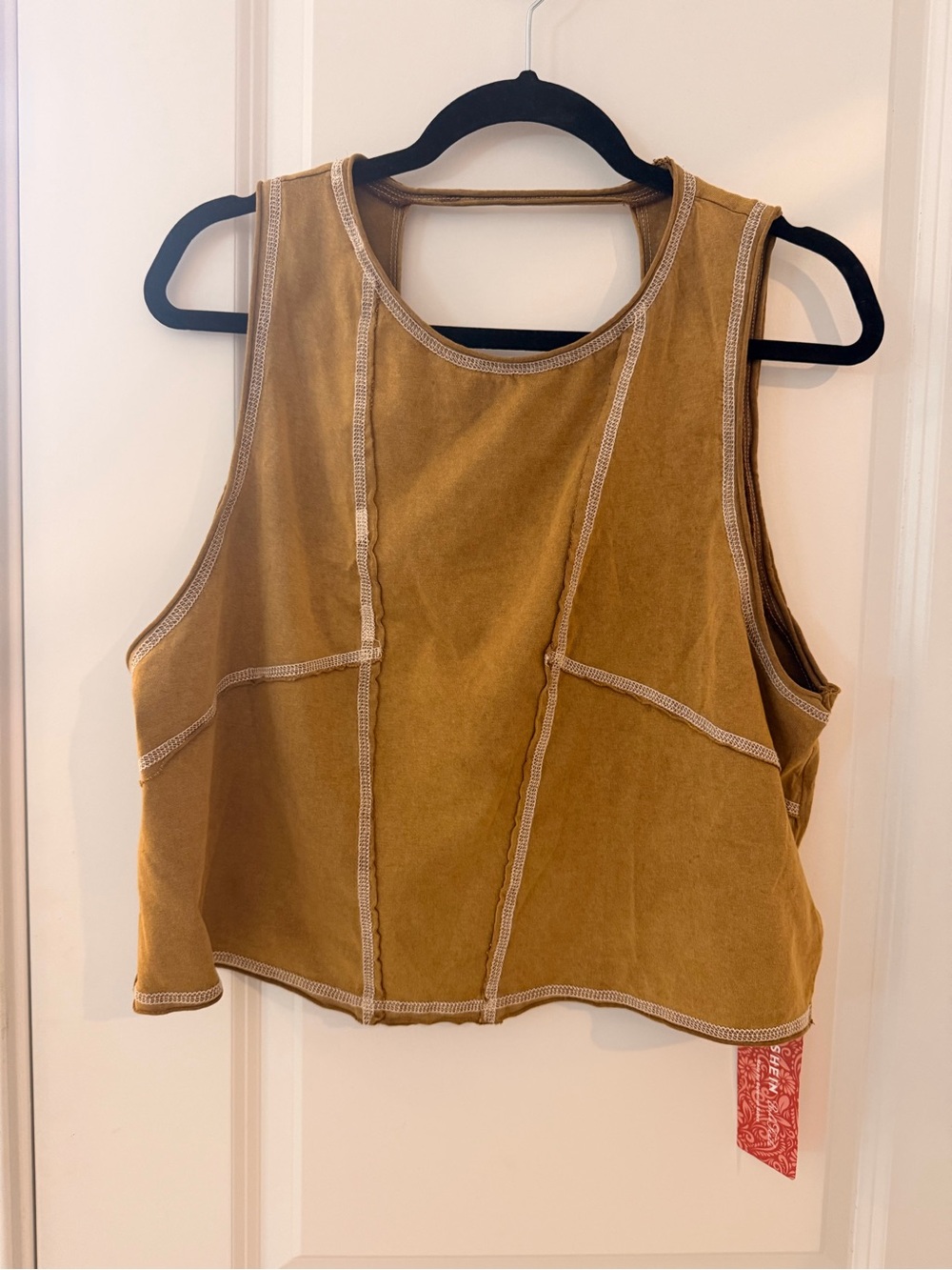 SHEIN Washed Tan Cropped Tank with Contrast Seams